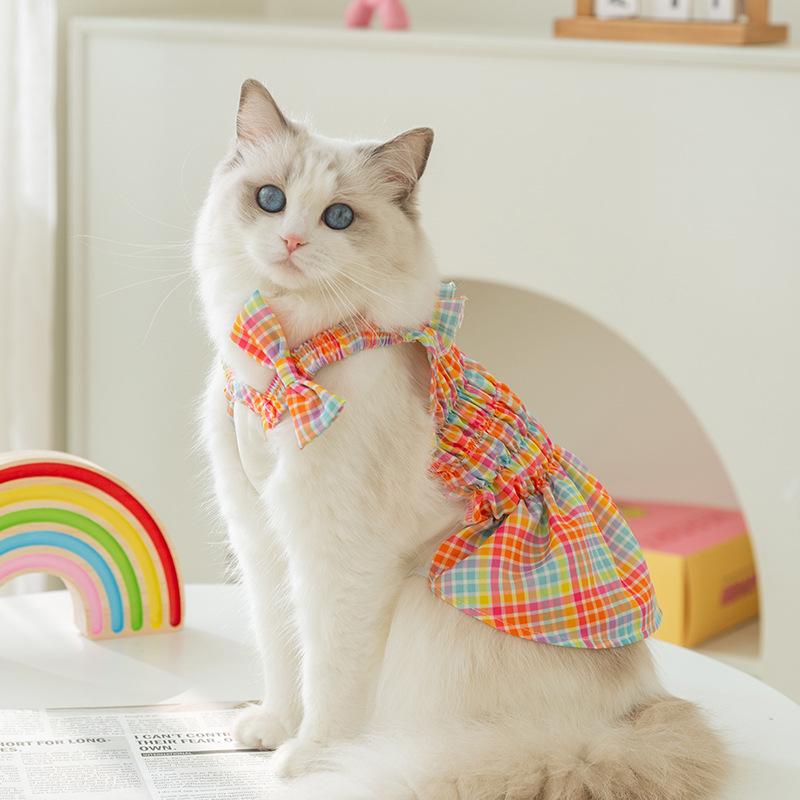 Korean Version of Cat Spring and Summer Princess Style Colorful Vacation Style Plaid Suspender Skirt Dog Dress Pet Clothes
