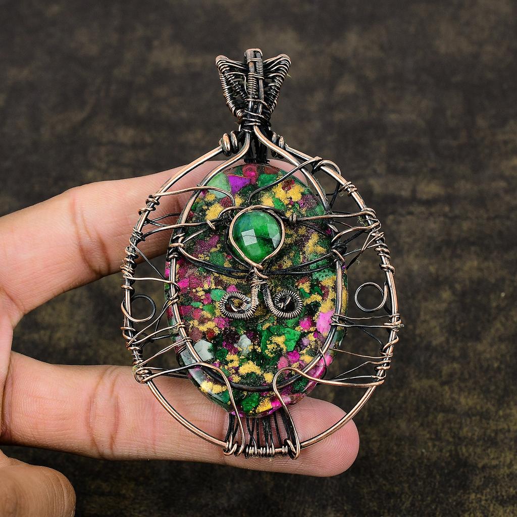 Медь Рубин Цоизит Лабораторно выращенный Ручная работа Медная проволока Оплетка Подвеска 3,82" g2j45