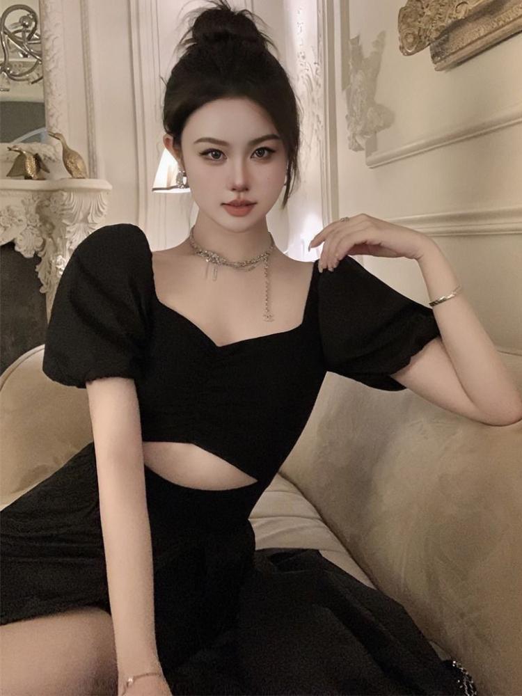 Новое винтажное французское длинное платье с открытой вилкой, женское черное элегантное вечернее платье макси с вырезами, женское сексуальное клубное платье в корейском стиле