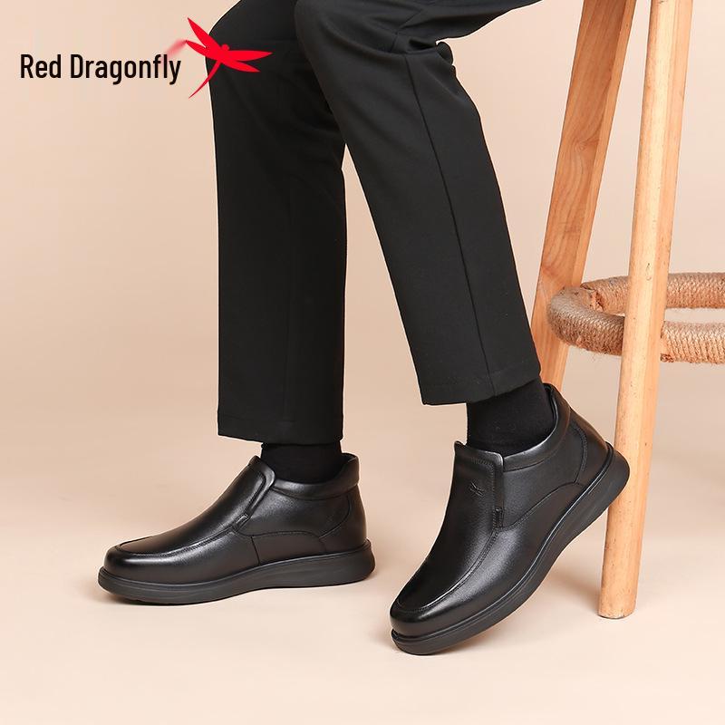 Мужские зимние кожаные ботинки Red Dragonfly с высоким голенищем - Повседневные и деловые с плюшевой хлопковой подкладкой