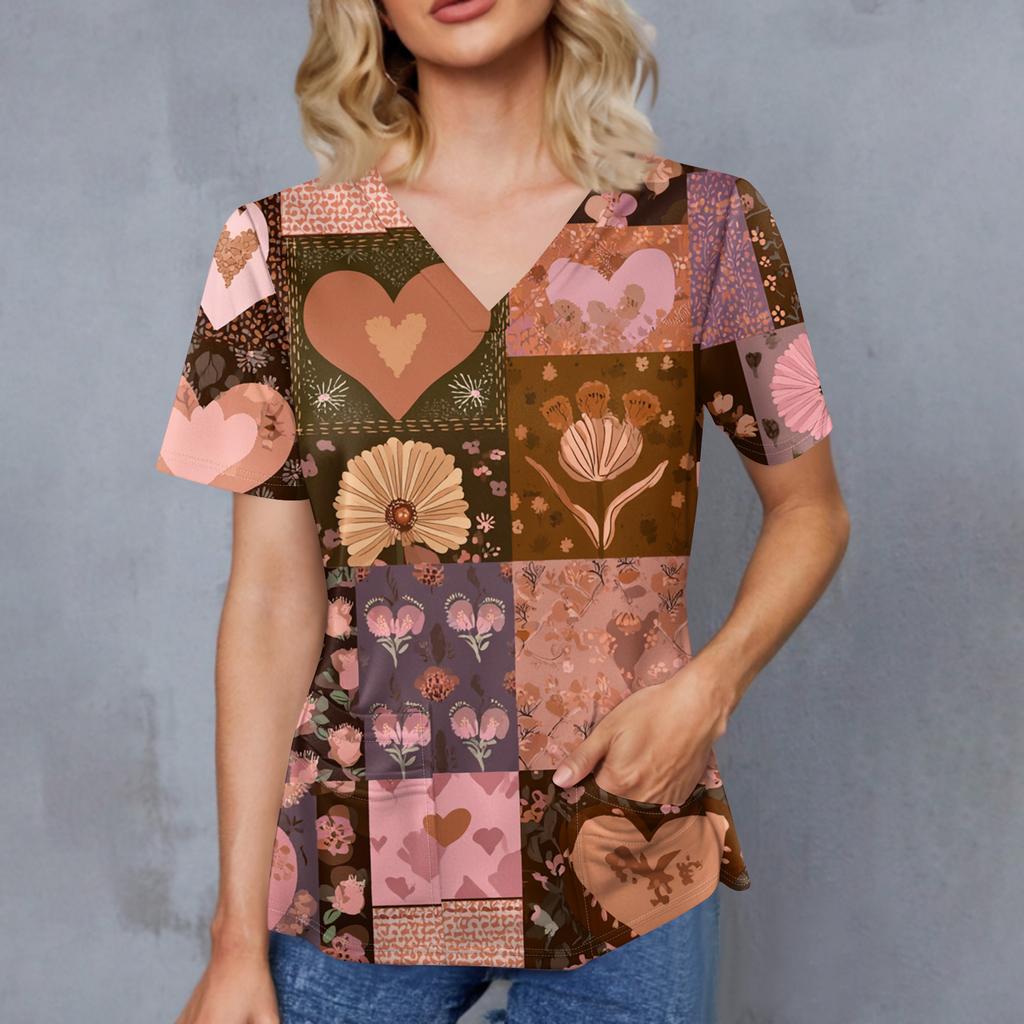 Women's Retro Printed V-Neck Double Pocket Short Sleeves Hem Slit Uniform Caregiver Top