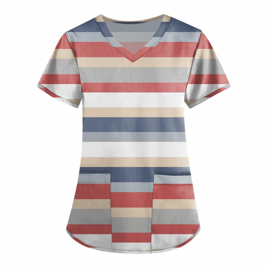 Women's Fashion V-neck Short Sleeve Workwear With Pockets Printed Tops