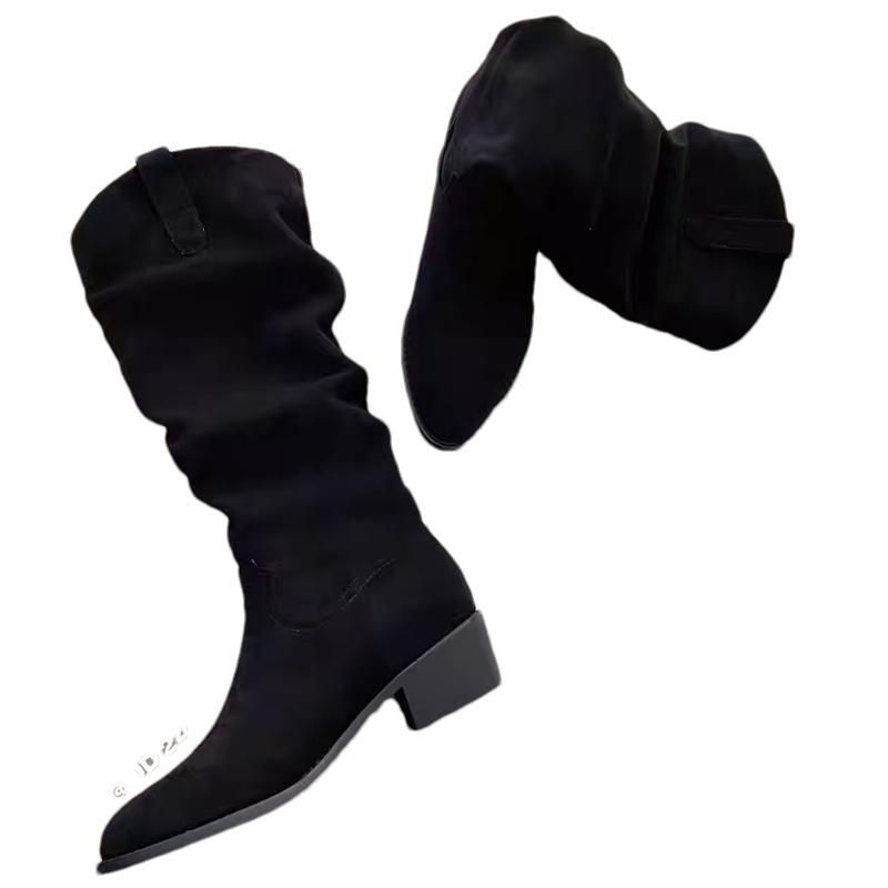 Заостренный носок женские высокие сапоги замшевые зимние туфли на среднем каблуке дизайнерская обувь 2025 тренд массивные туфли-лодочки до колена классические челси Botas Mujer