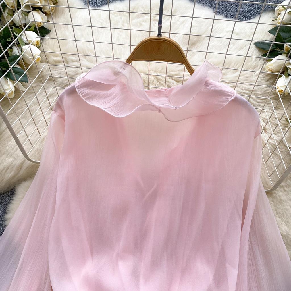 Sweet Pink 3D Floral Beach Short Dress Female Long Sleeves Lace Up Ruffle Chiffon Cake Sundress Sheer Sexy Vintage Bohemian Dress