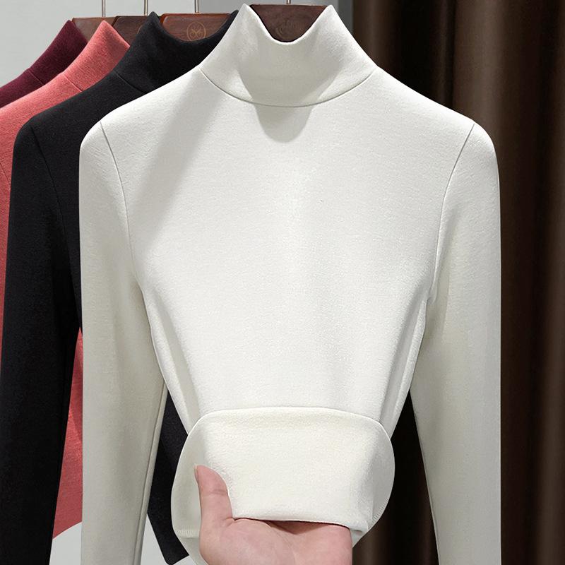 Autumn and Winter Women's Clothing Containing Wool and Silk Bottoming Shirt Women's Inner Heating Fleece Warm Turtleneck Top with Fleece and Thicker