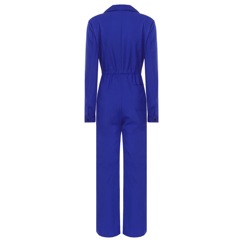Womens Fashion Jumpsuit Button Front Design Casual Solid Color Turn Down Collar Long Sleeve Coverall