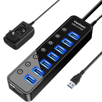 Vantisan USB-хаб с блоком питания USB-хаб высокоскоростной USB-хаб 7 портов расширения 1 порт для зарядки USB-расширение с независимым переключателем AC-адаптер