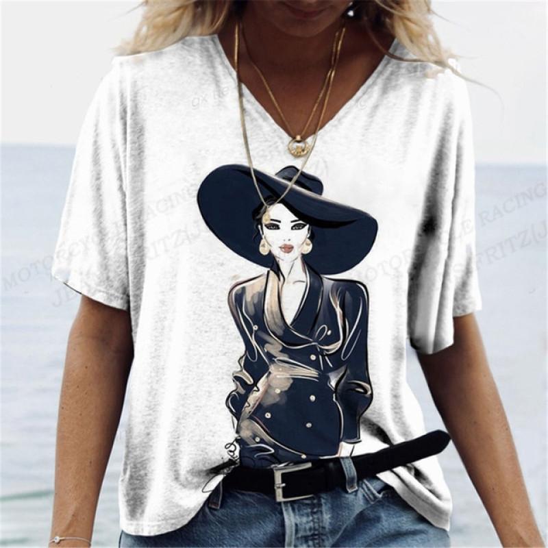 Harajuka абстрактные крутые футболки с принтом в стиле ретро, ​​женские универсальный пуловер с коротким рукавом, летние дизайнерские повседневные женские футболки с v-образным вырезом