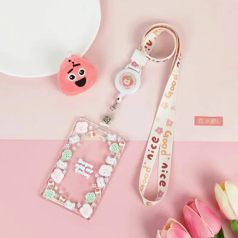 Милый прозрачный чехол для карты на шнурке, чехол для студенческой автобусной карты, чехол для мультяшной рабочей карты, держатель для кредитной карты с пружинным шнуром