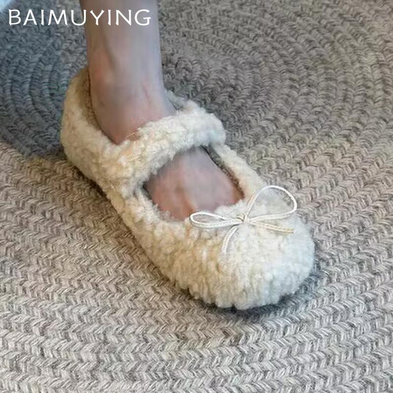 Женские туфли Мэри Джейн с бантом на плоской подошве на меху, элегантные туфли на плоской подошве, модная зимняя обувь 2025 года, трендовые короткие плюшевые повседневные новые женские туфли