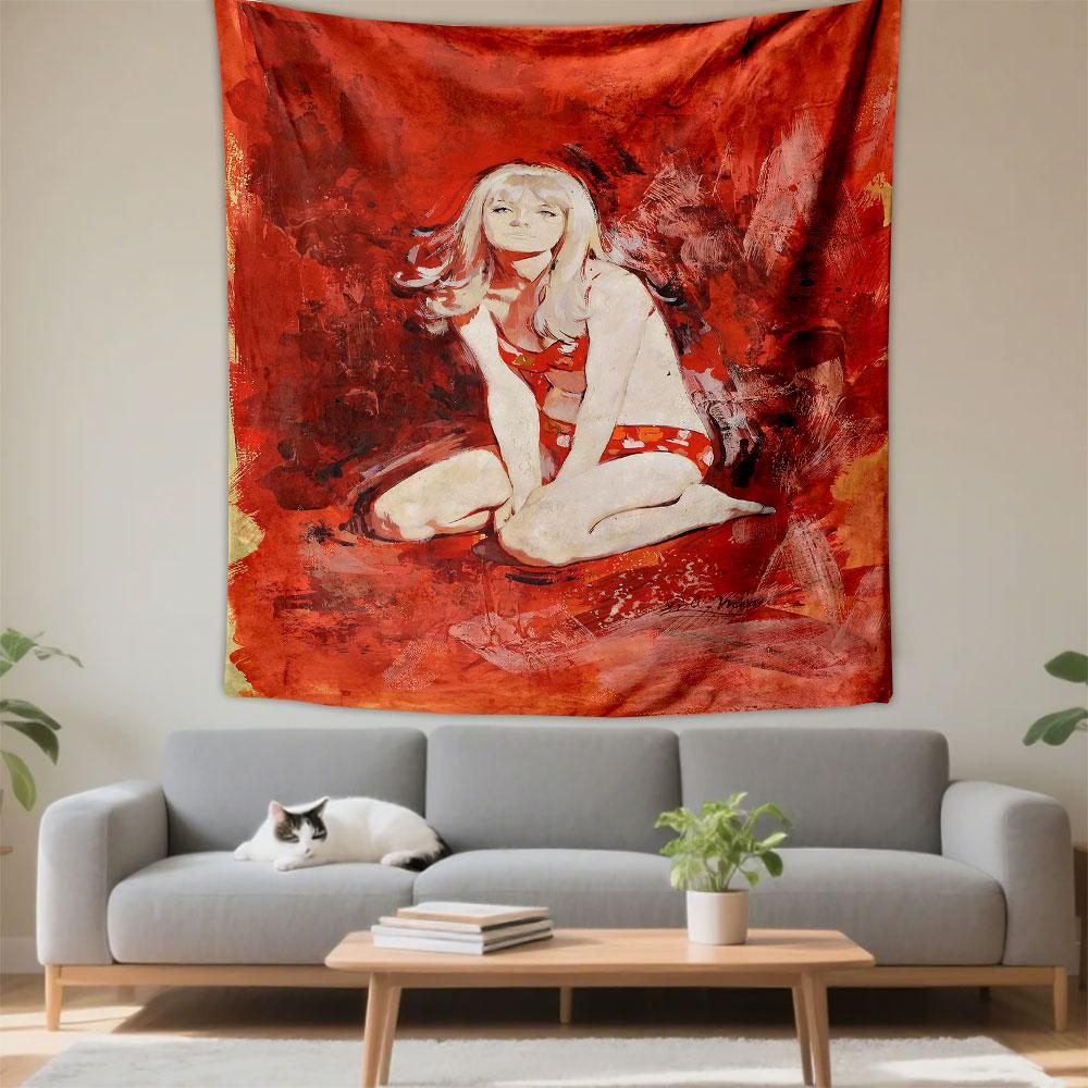 A seated woman in a red swimsuit against an abstract red-painted background. Patterned tapestry for bedroom and living room home decor