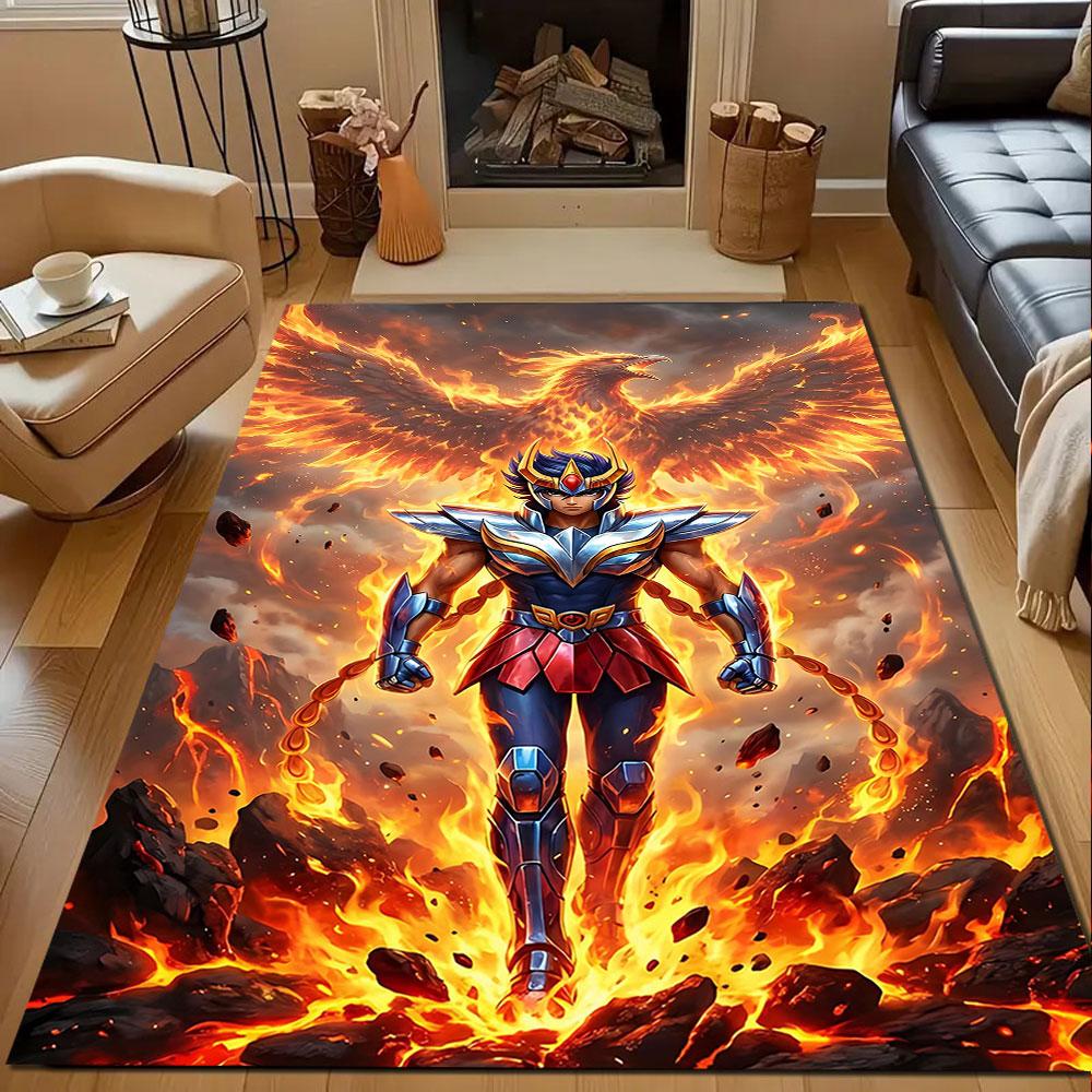 Fiery Armored Warrior and Phoenix Patterned carpet, non slip mat suitable for living room and bedroom sofas
