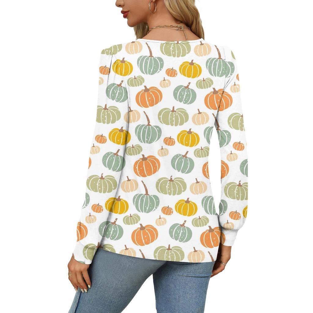 Long Sleeve Shirts For Women Cute Print Graphic Tees Blouses Dressy Casual Blouses Pleated Scooped Neck Tunic Tops Halloween