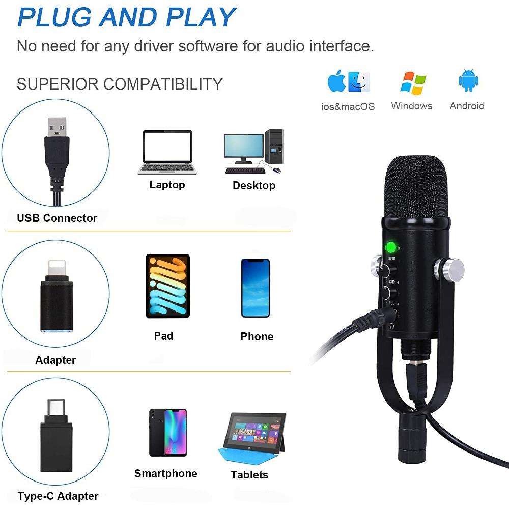 USB-микрофон, конденсаторный компьютерный ПК, игровой микрофон, комплект микрофонов для подкастов для потоковой передачи, записи, вокала, ASMR, голоса, кардиоидный студийный микрофон