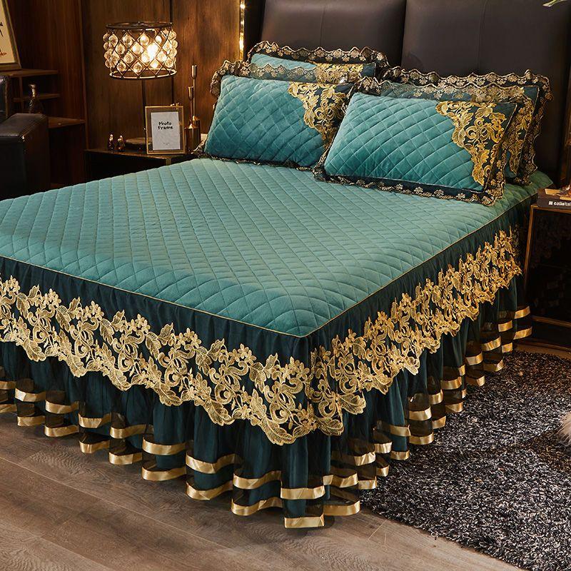 3 шт. Утолщенная кружевная юбка для кровати на осень и зиму, Кружевная накидка на кровать из кристального бархата, Мягкая и удобная, Постельное белье для спальни и гостевой комнаты