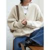 Autumn and Winter Women's Sweater Retro Loose V-Neck Folded Cuffs Soft Knitted Cardigan Sweater Outerwear