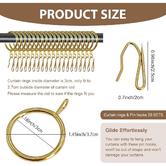 20 Packs Gold Curtain Rings and Shower Curtain Hooks Set, 30mm/1.18 Inch Internal Diameter Metal Drapery Pin Hooks for Window Door Drapes (Gold)