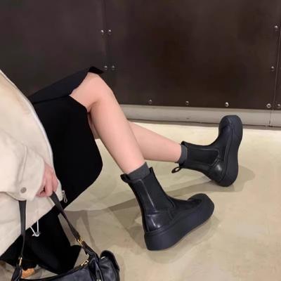 Версия из коровьей кожи~ Кожаные челси на толстой подошве, женские ботинки Мартин, универсальные ботинки-сигареты для мотоциклистов, тонкие ботинки