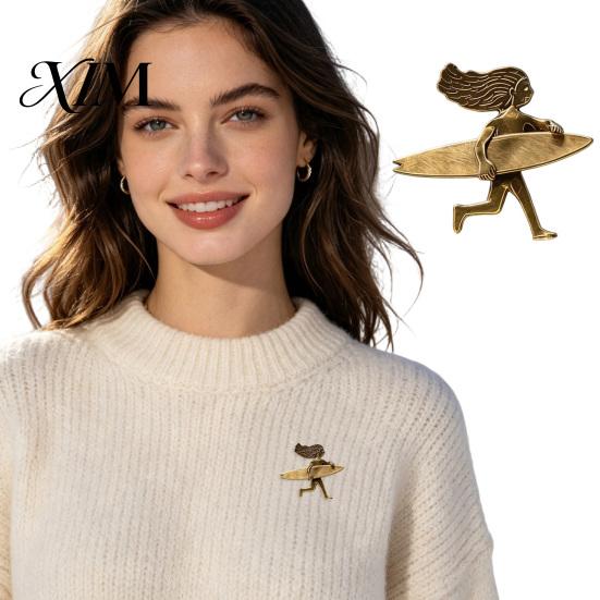 Scarf Brooch Pin 2/3/5Pcs Retro Surfing Girl Pin, Holding Surfboard Alloy Badge, Decorative for Clothing Bags Scarves Sweaters