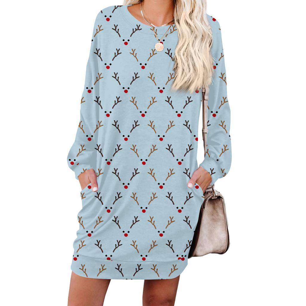 Женское модное платье с ретро-принтом, с длинным рукавом, круглым вырезом и карманом