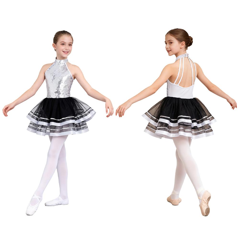 Гимнастическое платье для девочек, блестящие платья для балета и танцев, юбка с открытой спиной, костюм балерины