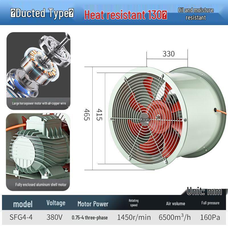 High-Temperature Resistant Axial Flow Kitchen Fan - Waterproof, Oil-Proof, Duct Ventilation, Exhaust, and Range Hood Fan
