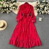 Autumn Women Vintage Printed Pleated Long Dress Female Red/Green/Blue/Yellow Draped Ruffle Single Breasted Maxi Robe Vacation Dresses