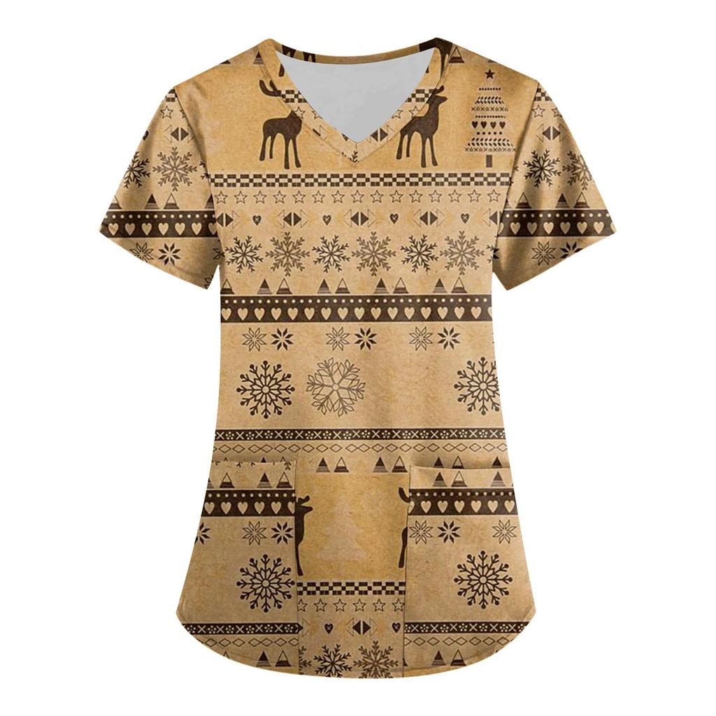 Women's Ethnic Printed Short Sleeve V-neck Tops Working Pocket Blouse