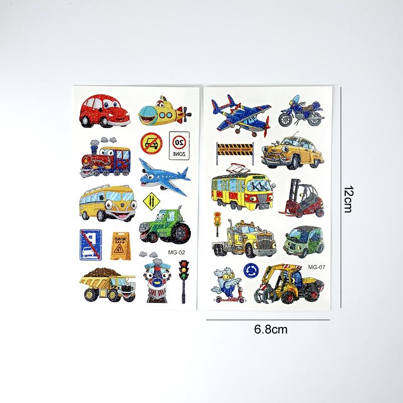 10 листов/набор красочные тату-наклейки с блестящей пудрой, мультяшные животные, единорог, принцесса, транспорт, временные поддельные татуировки для детей