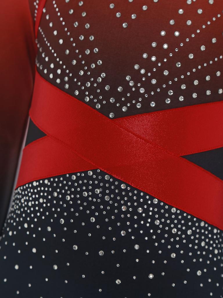 Girls Color Block Ballet Leotard Shiny Faux Diamonds Rhinestone Long Sleeve Gymnastics Ballerina Jumpsuit