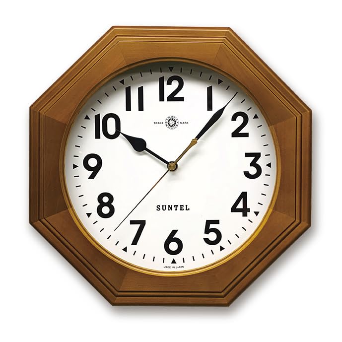 Suntel DQL730A-BR Octagonal Wooden Radio-Controlled Wall Clock, Brown, Arabic Numerals, Made in Japan