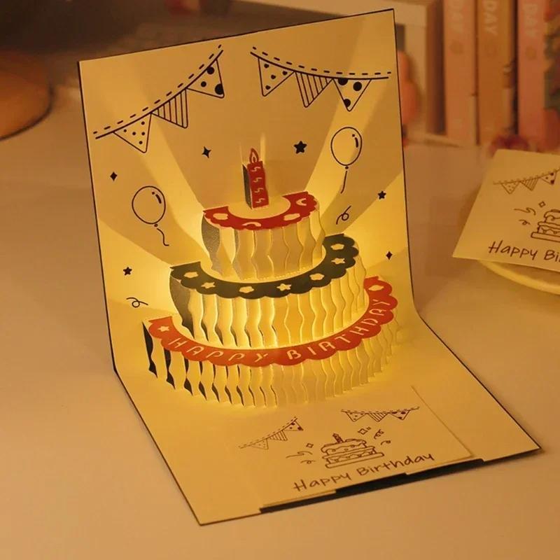 3D Musical Birthday Cake Card LED Light Pop-Up Greeting Cards with Envelope for All Occasion Girl Kid Wife Postcards