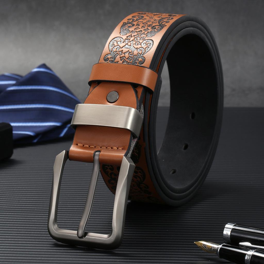 Мужской тисненый перфорированный ремень, пряжка из искусственной кожи, пряжка из сплава, всесезонный ремень