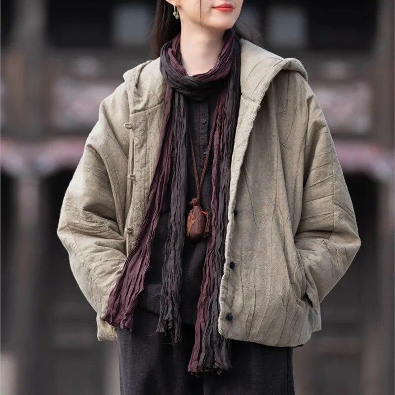Johnature Women Vintage Cotton Hooded Parkas Button Long Sleeve Warm Coats Winter Chinese Style Women Parkas