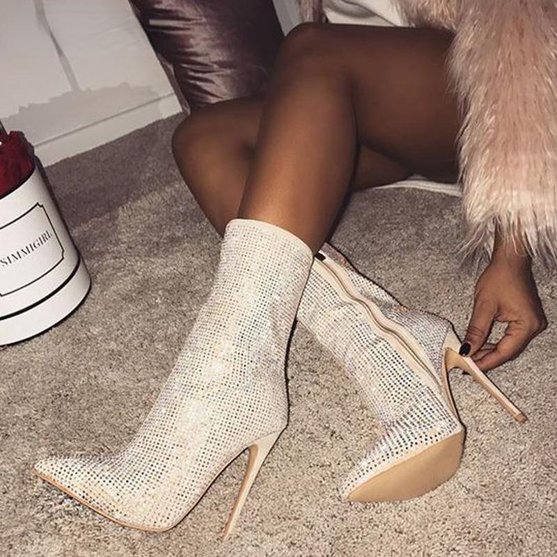 Ботильоны женские с блестящими кристаллами и стразами на высоком каблуке, дизайнерские ботинки на молнии для женщин с острым носком, сексуальные современные ботинки