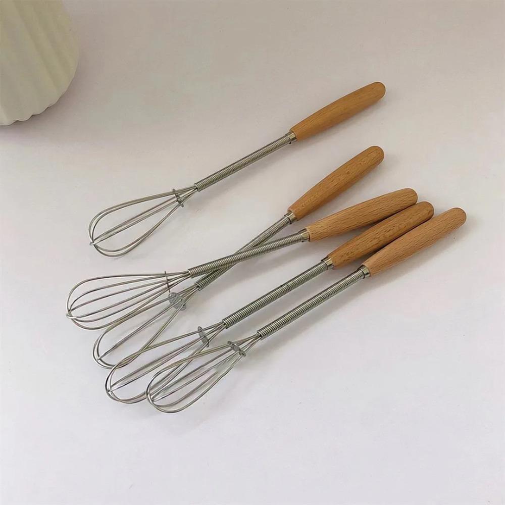 Useful Mini Egg Whisk Wooden Handle Manual Egg Beater Stainless Steel Egg Beater Cooking