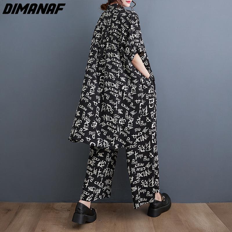 Dimanaf 2023 плюс размер комплект из двух предметов, женский костюм с принтом Vinatge, топы, брюки, женский костюм с надписью, летние широкие брюки