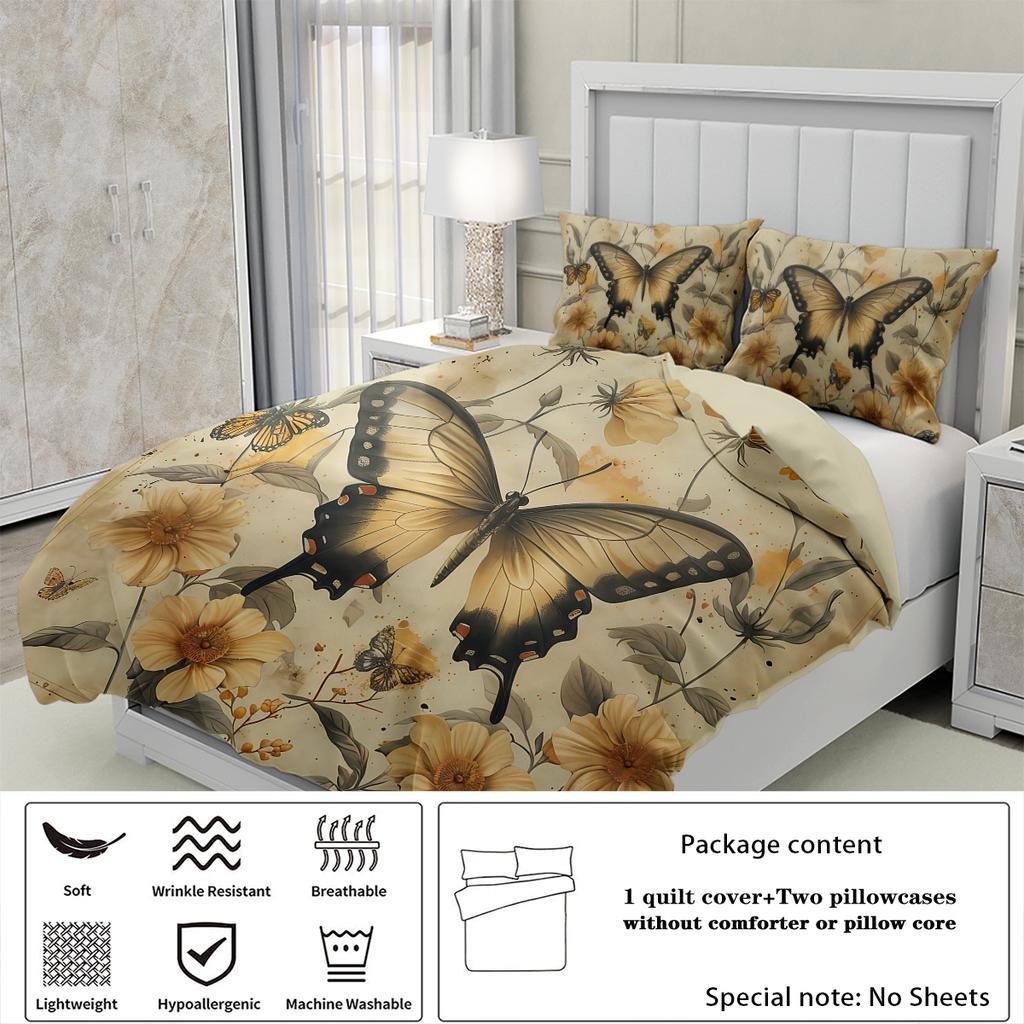 3pcs Retro floral and butterfly pattern bedding set, 1 duvet cover and 2 pillowcases, polyester soft bedroom decoration bedding