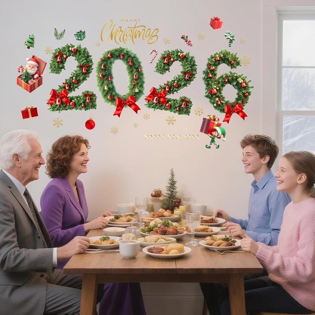 Рождество 2026 Новый год Зеленые Хвойные Иголки Наклейки на Окно Бант Украшение для Вечеринки Праздничные Принадлежности Электростатические Наклейки на Стекло