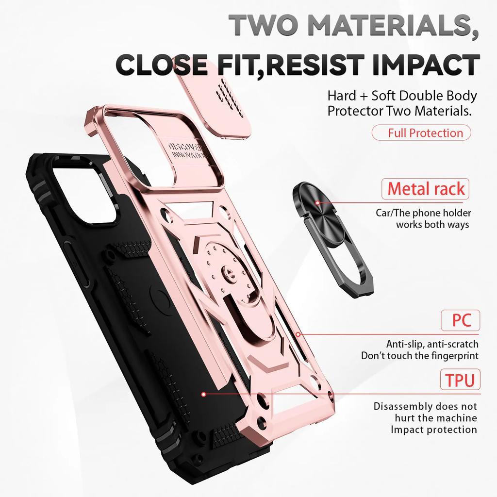 Army Push Window Shockproof Phone Case For iPhone14 13 12 11 Pro Max X XR XS 7 8 Plus Magnetic Ring Holder Military Rugged Cover