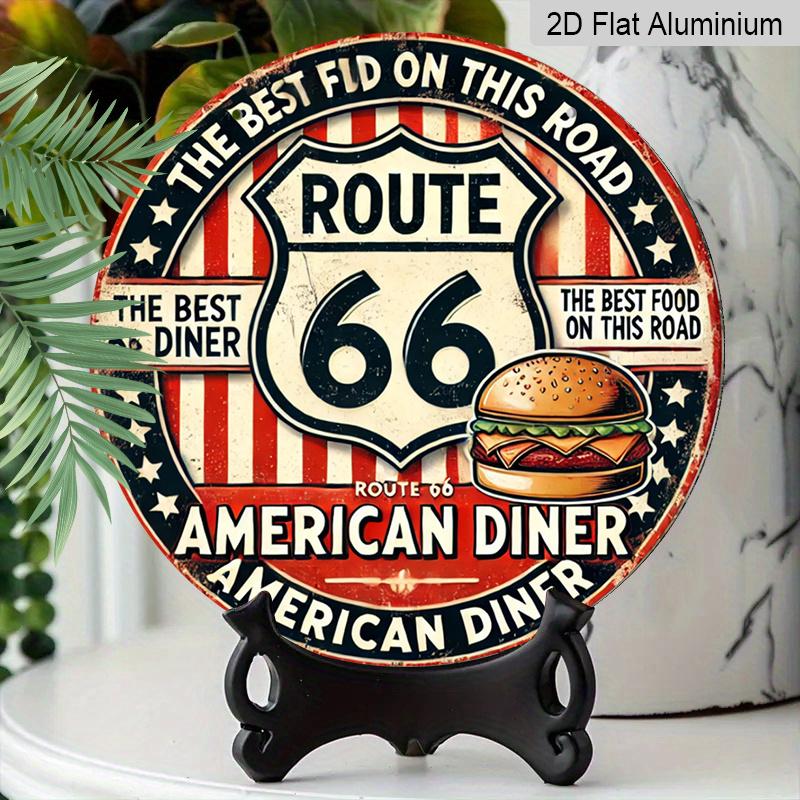 2D плоский 1 шт., 8x8 дюймов, Винтажная металлическая табличка Route 66 - Прочный алюминий, Американский ретро-декор для закусочной с классическим дизайном гамбургера, Идеально для дома