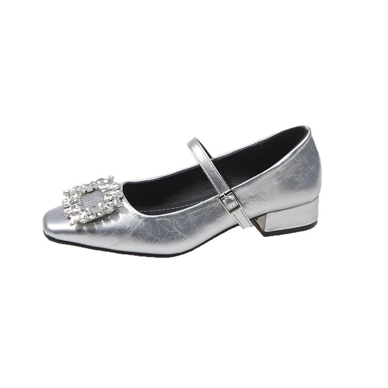 Мода Весна 2025 Элегантная Мода Горячий Продавец Высокий Каблук Украшенный Бриллиантами Квадратный Носок Женские Одинарные Туфли Универсальные