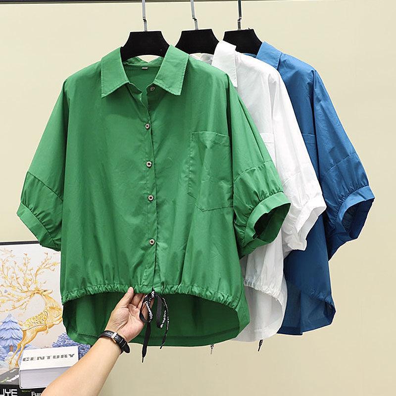 Blusas Летняя рубашка с рукавом «летучая мышь» Женская свободная повседневная короткая блузка с подолом и талией Однотонные укороченные топы Полубелые рубашки для женщин