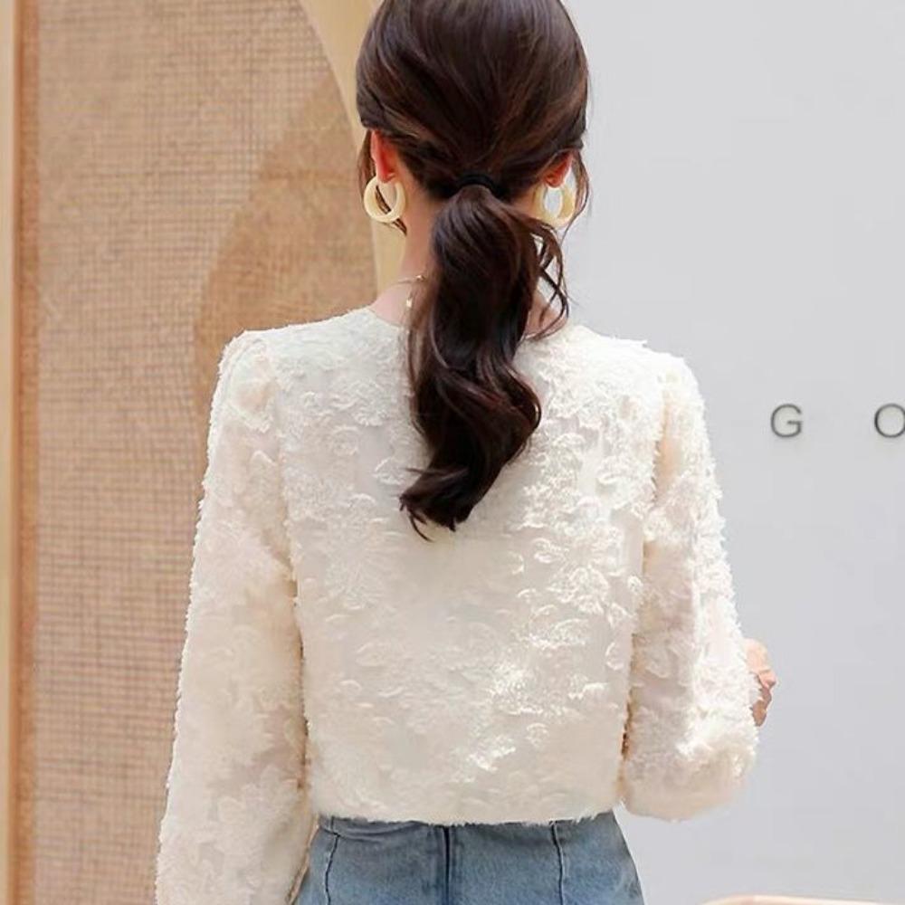 Elegant Sexy Button Lace Feather Solid T-shirt Spring Autumn Long Lantern Sleeve V-Neck Slim Pullover Tops Women's Clothing
