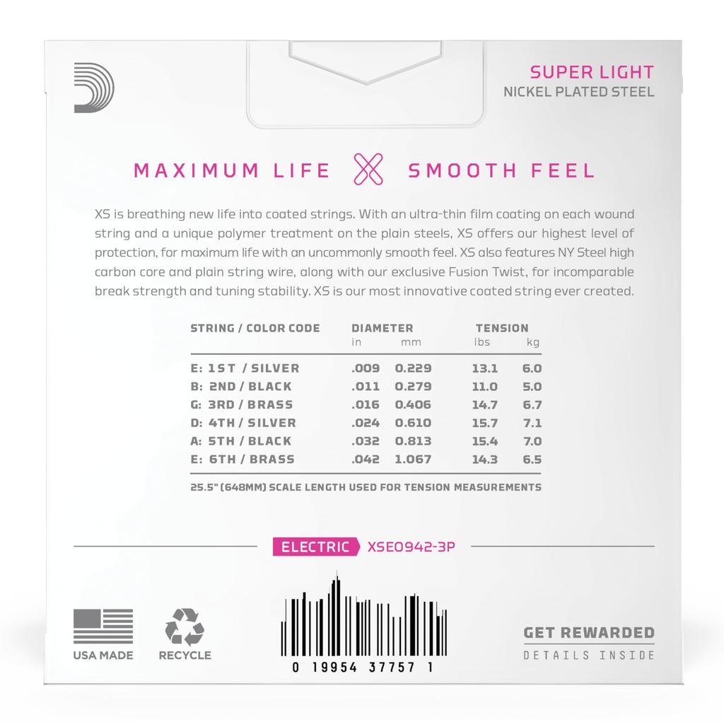 XS Coated Nickel Super Light Electric Guitar D'Addario Strings, .009-.042, XSE0942-3P (3-pack)