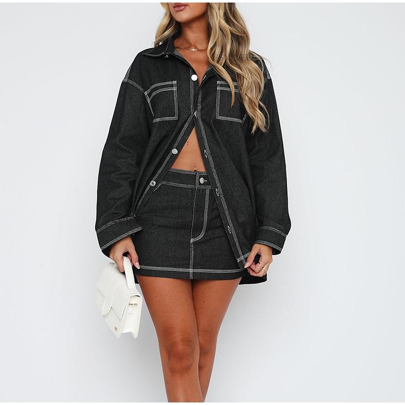 Vintage Denim 2 Piece Sets Women's Mini Skirts Polo Collar Long Sleeve Pockets Tops Hip Package Skirt Lady Streetwear 2025 Spring Summer