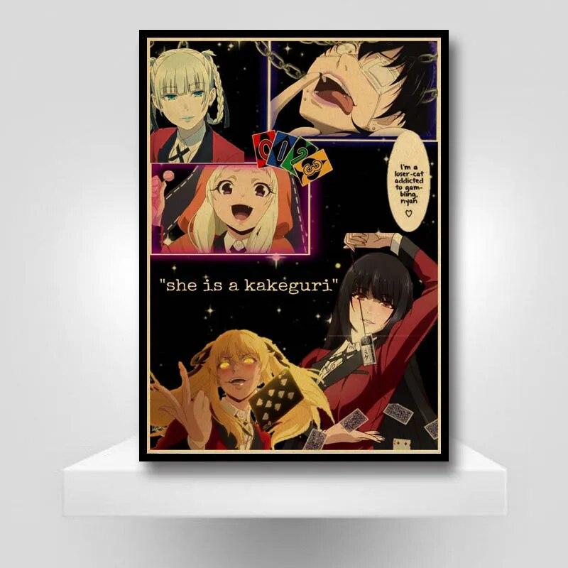 Винтажный плакат Kakegurui, наклейка, ретро аниме-плакаты и принты, настенные художественные фотографии для любителей, украшение для дома, гостиной, живопись