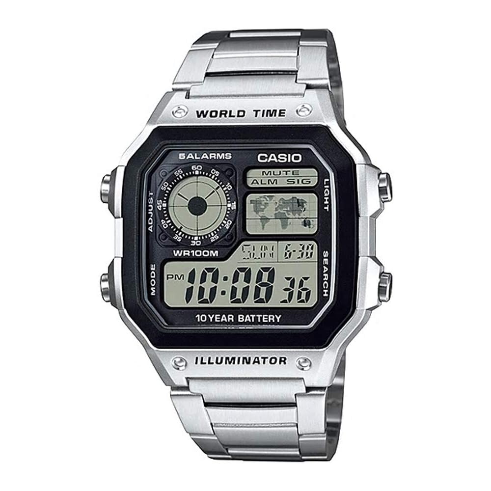 Мужские цифровые часы Casio с мировым временем AE-1200WHD-1AV Металлический ремешок Серебристый Водонепроницаемость 10 АТМ