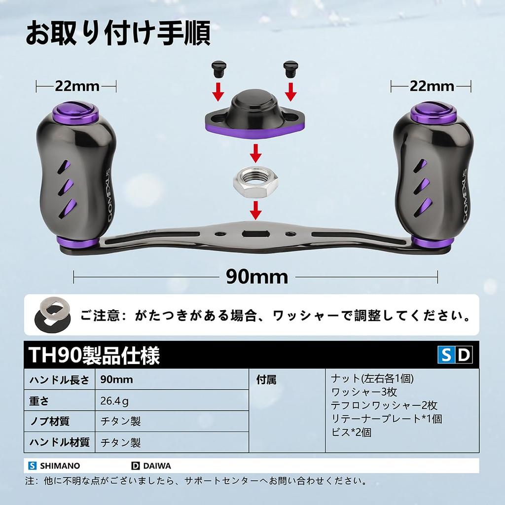 Gomexus TH90 Reel Titanium Double Handle for Daiwa and Shimano Baitcasting and 90mm Handle with Handle Suitable for Bass Baitcasting and Light and