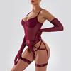 European and American sexy one-piece underwear, fun, ultra-thin mesh straps, splicing leg rings, gloves, bra four-piece set